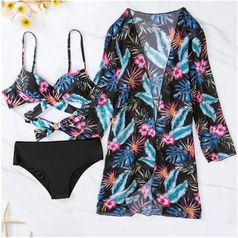 Swim Floral Tropical Print Cut Out High Waisted Bikini Kimono Beach Poshmark