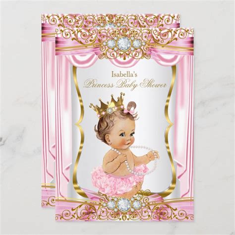 Brunette Girl Princess Baby Shower Pink Silk Gold Invitation Zazzle