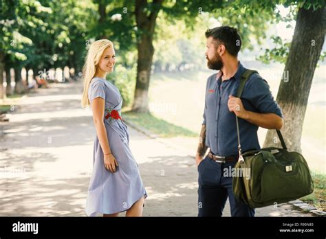 Love At First Sight Concept Man And Woman Likes Each Other Man With Beard And Blonde Girl