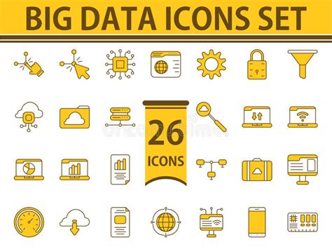 Yellow And White Color Set Of Big Data Icon In Flat Stock Illustration