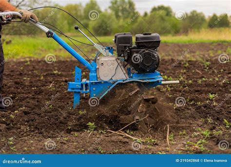 A Man Plows The Ground With A Blue Walk Behind Tractor Spring