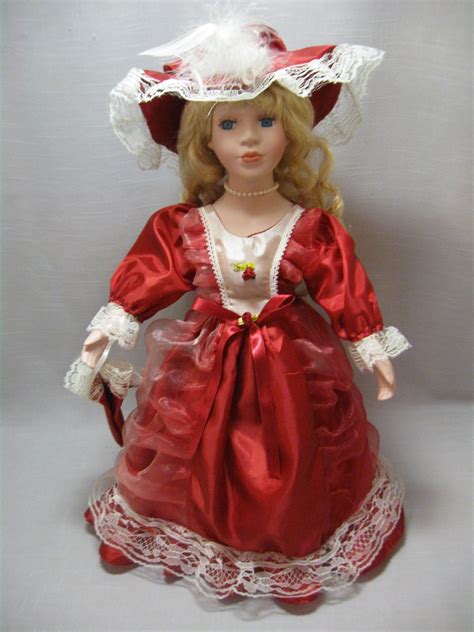 Doll Porcelain Blonde Hair Blue Eyes Long Lashes Red Dress Hat White Feathers Umbrella Faux