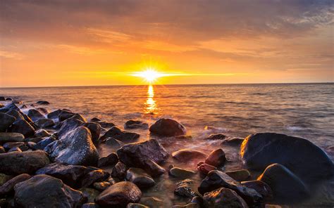 壁紙、1920x1200、朝焼けと日没、石、風景写真、海、太陽、自然、ダウンロード、写真