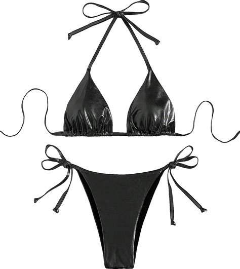 Women S Metallic String Triangle Bikini Set Tie Knot High Cut Bathing Suits 2 Piece Swimsuit