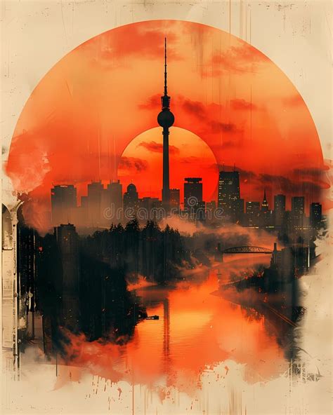 Modern Minimalist Skyline Album Artwork Digital Collage Red Sunset Wide