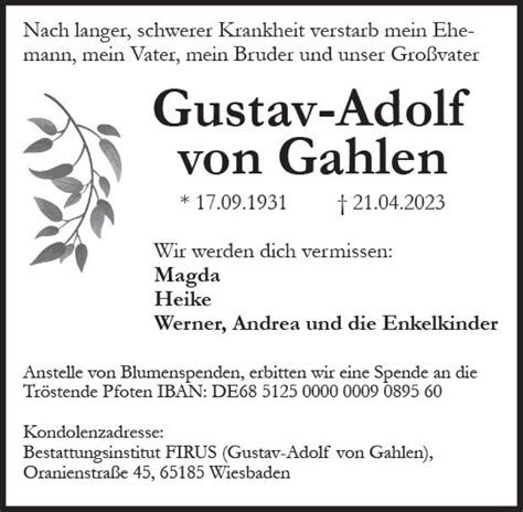 Traueranzeigen Von Gustav Adolf Von Gahlen Vrm Trauer De