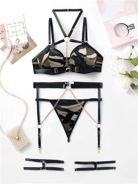 Snapklik Sexy Leather Strappy Underwire Garter Belt Lingerie Set Women Chain O Ring Push