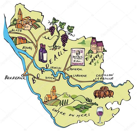 mapa de la región vinícola de Burdeos en Francia Vector de stock