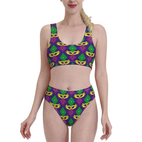 Haiem Mardi Gras Carnival Women S High Waisted Bikini Set Two Piece Bathing Suits High Cut