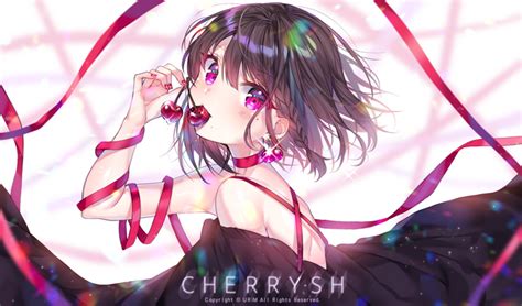 Cherries Brunette Short Hair Violet Eyes D Urim Anime Artwork Anime Girls Digital Art