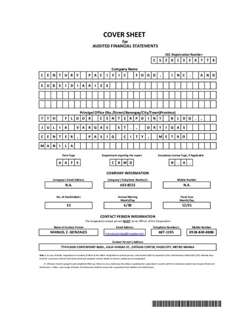 Fillable Online Cover Sheet Audited Financial Statements Fax Email