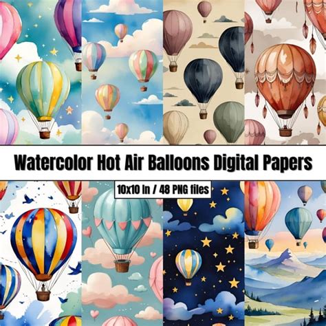 Watercolor Hot Air Balloons Digital Papers Digital Paper Clip Art