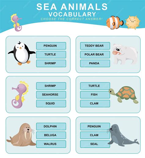 Premium Vector | Choose the correct answer. sea animal vocabulary