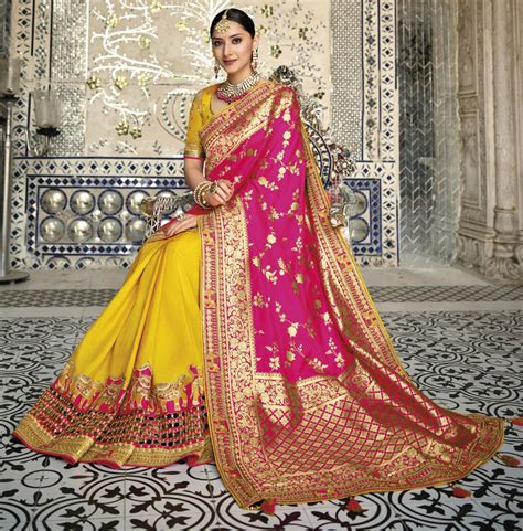 Bridal Traditional Wedding Pink And Majenta Yellow Color Banarasi