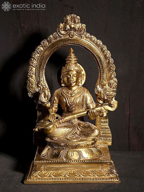 Goddess Saraswati Seated On Kirtimukha Throne Hoysala Art Bronze