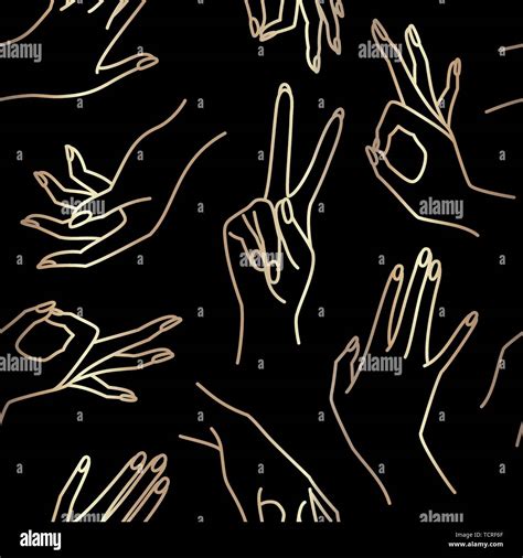 Womans Hand Line Black And Gold Seamless Pattern Vector Endless