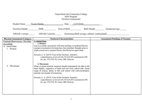 Newborn Assessment Tool Nursing Rn Vance Granville Community College