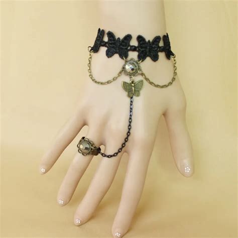 Gothic Chains Bracelet Butterfly Shaped Black Lace Charm Bracelets For