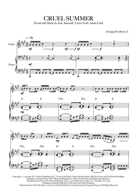 Cruel Summer Arr Bruna T Sheet Music Taylor Swift Violin And Piano