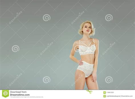 Attractive Blonde Woman Posing In White Lace Lingerie Stock Image Image Of Caucasian Shot