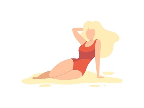 Une Belle Fille Blonde En Maillot De Bain Rouge Se Détend Sur La Plage Illustration Vectorielle