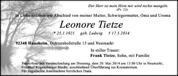 Traueranzeigen Von Hausheim Leonore Tietze Mittelbayerische Trauer