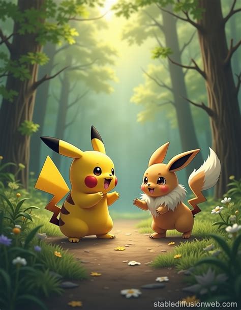 Pikachu And Eevee Play Catch In The Forest Stable Diffusion Online
