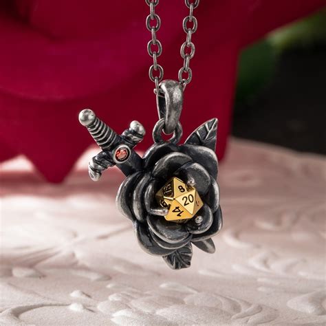 Custom Birthstone Retro Dark Rose Dice Necklace D20 Necklace
