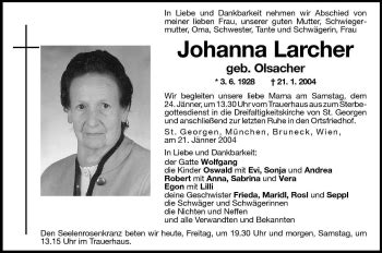 Traueranzeigen Von Johanna Larcher Trauer Bz