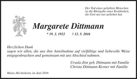 Traueranzeigen Von Margarete Dittmann Vrm Trauer De