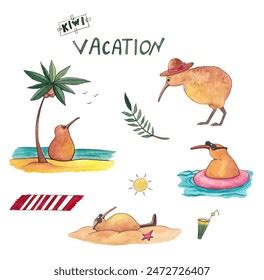 Hand Drawn Watercolor Set Kiwi Bird Stock Illustration 2472726407 ...