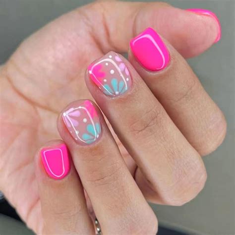 Amazon Pink Flower Press On Nails Short Square Fake Nails Spring False Nails With Hot Pink