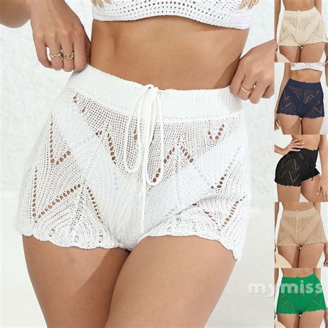 Mymiss Women Swimsuit Crochet Cutout Bikini Bottom Cover Up Shorts For Beach Summer Swimwear