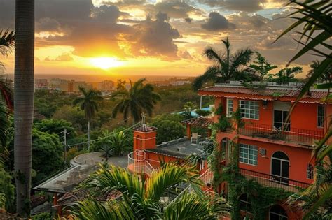 The Sun Is Setting Over A Tropical Setting Premium Ai Generated Image