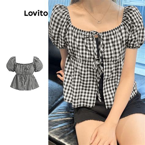 Lovito Blusa elegante de linha de estrutura geométrica frontal