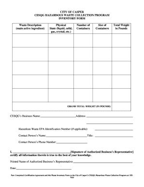 Fillable Online Casperwy CESQG Waste Inventory Form Pdf City Of