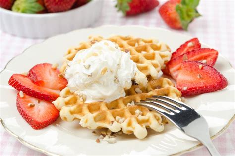 Belgian Waffles With Fresh Strawberries And Whipped Cream Stock Image