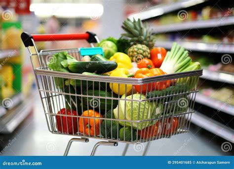 Shopping Cart in Grocery Store Full of Fruits and Vegetables Stock ...