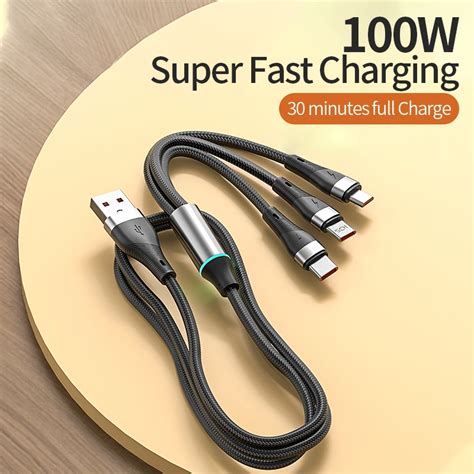 100W Super Fast Charger Cable 6A 3 in 1 Charger Cable Micro Usb / Type ...