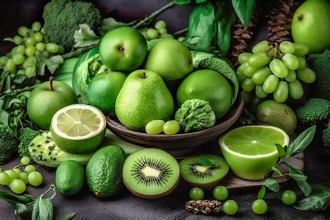 Frutas E Legumes Verdes Frescos Em Fundo Escuro Conceito De Comida