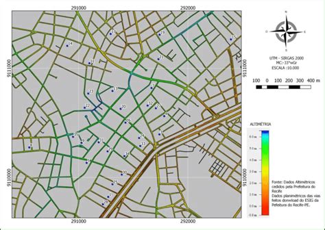 Mapa Hipsométrico da altimetria das vias do Bairro do espinheiro e