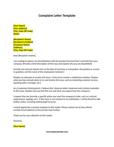 complaint letter template sample letter  complaint