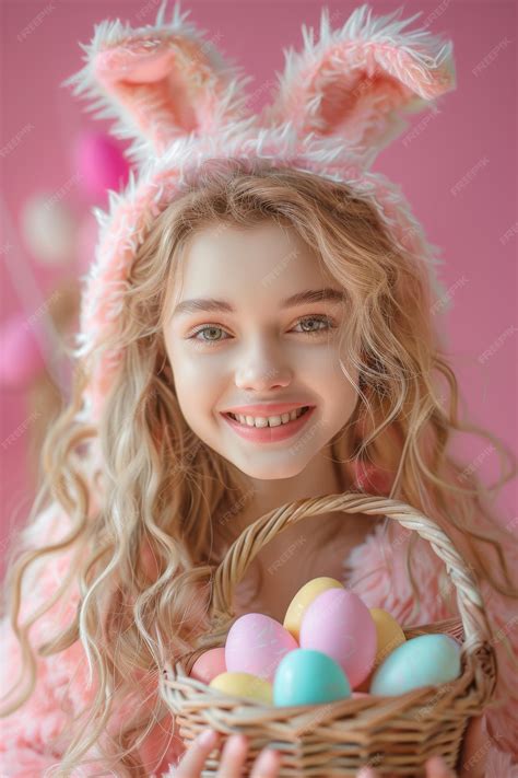 Premium Photo Girl In Bunny Ears Holding Basket With Eggs