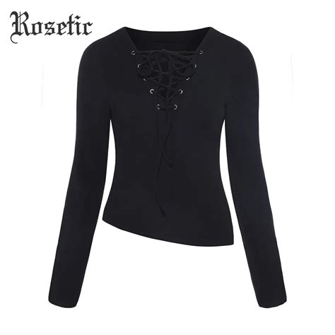 Rosetic Gothic Blouse Women Black Autumn Hollow Slim Plus Lace Up Long