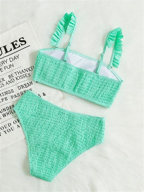 Shein Swim Mod Solid Bikini Set Smocked Frill Trim Bra High Waisted Bottom Piece Bathing