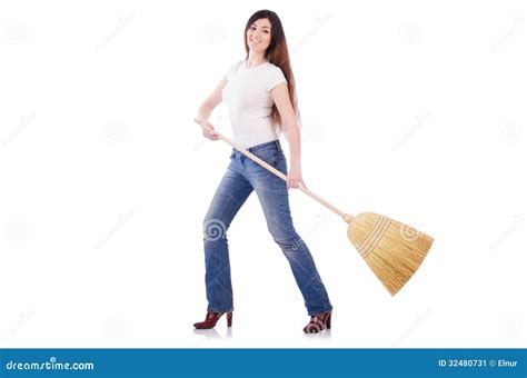 Young Woman With Broom Stock Image Image Of Floor Housewife 32480731