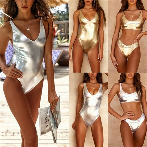 Sexy Shiny Women Swimsuits Gold Silver Metallic Leather Scoop Neck Bathing Suit Bikini Set