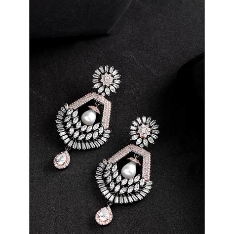Priyaasi Gunmetal Toned And White Silver Plated Teardrop Shaped Drop
