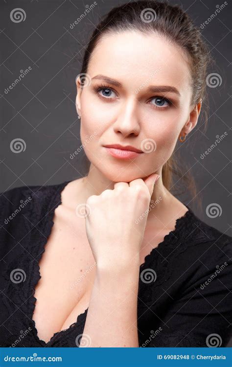 Close Up Portrait Of Elegant Brunette Woman With Nude Make Up Stock Photo Image Of Decollete