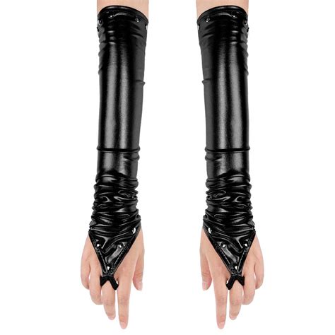 Buy Women Sexy Fingerless Long Gloves Metallic Wetlook Patent Leather